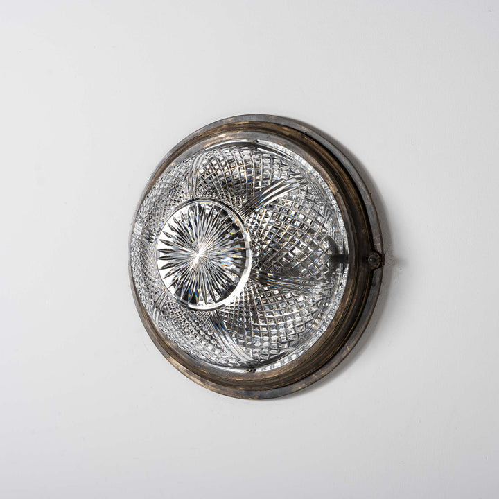Exceptional English Antique Crystal Bowl Flush to Ceiling Light Fitting by GEC