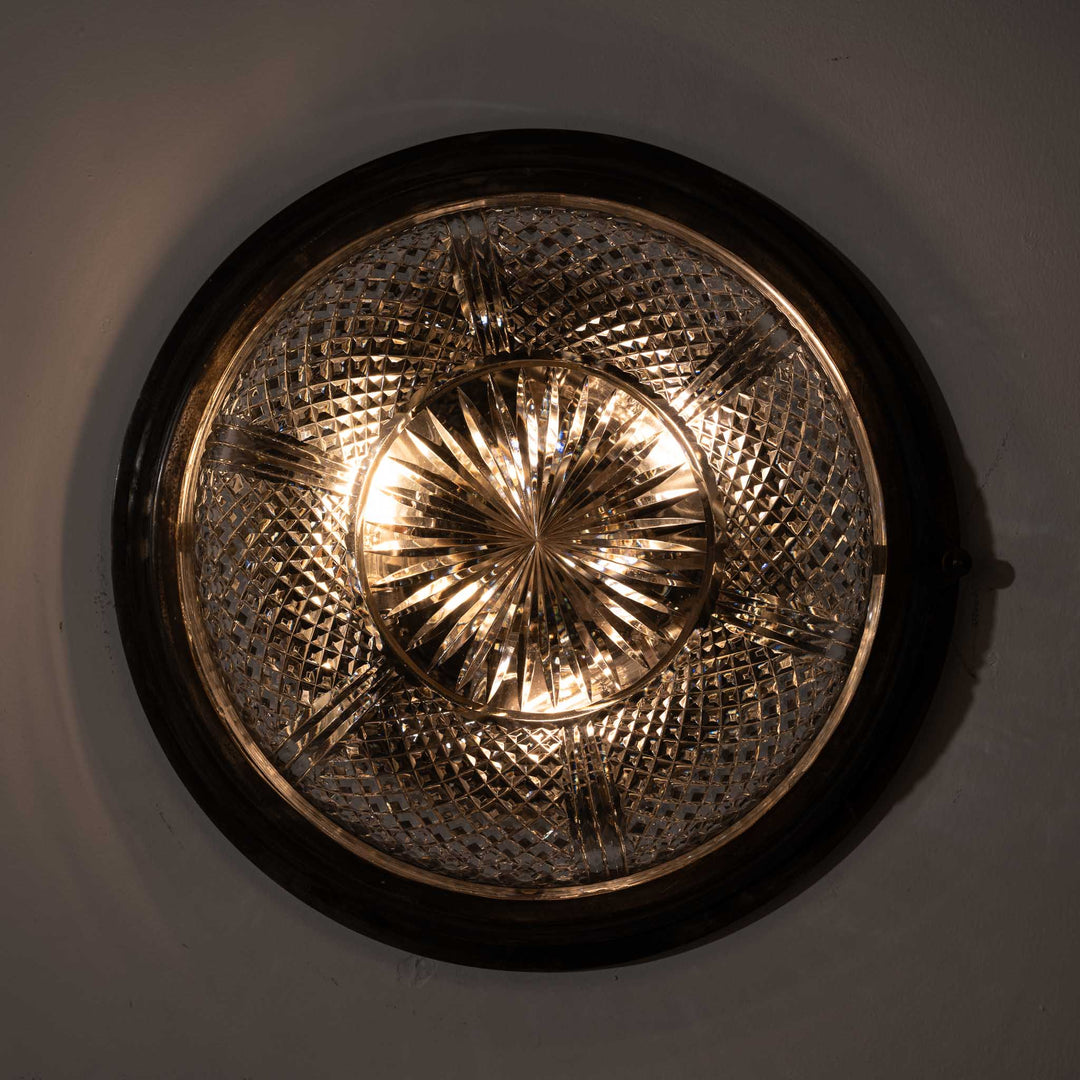 Exceptional English Antique Crystal Bowl Flush to Ceiling Light Fitting by GEC