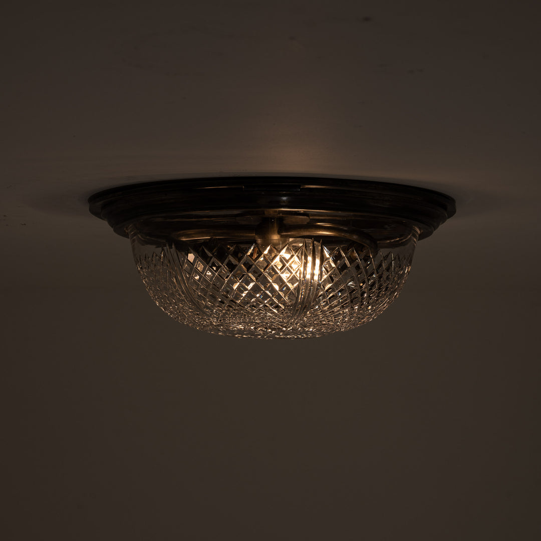 Exceptional English Antique Crystal Bowl Flush to Ceiling Light Fitting by GEC