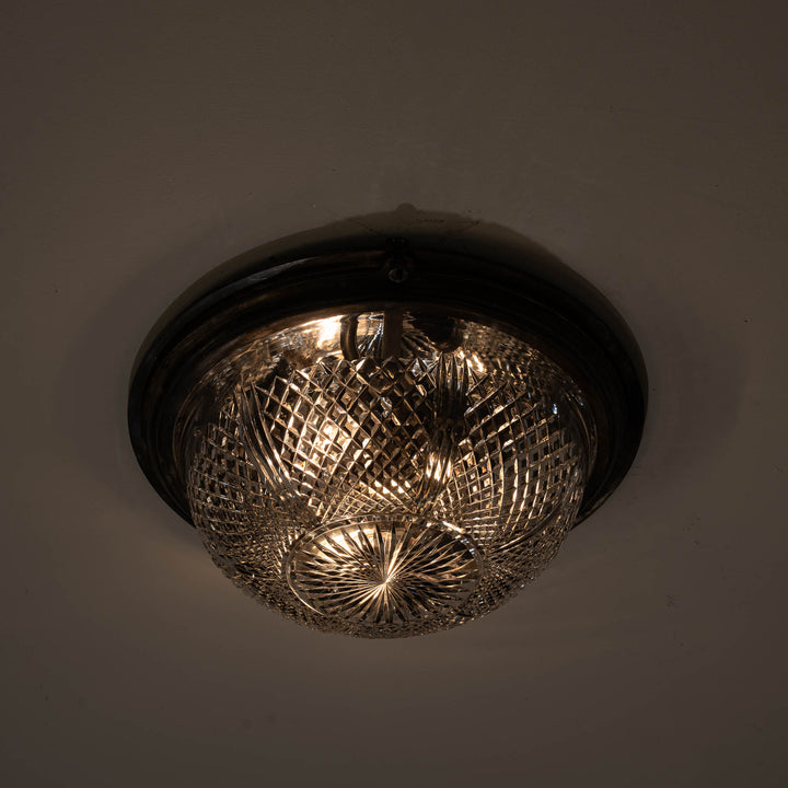 Exceptional English Antique Crystal Bowl Flush to Ceiling Light Fitting by GEC