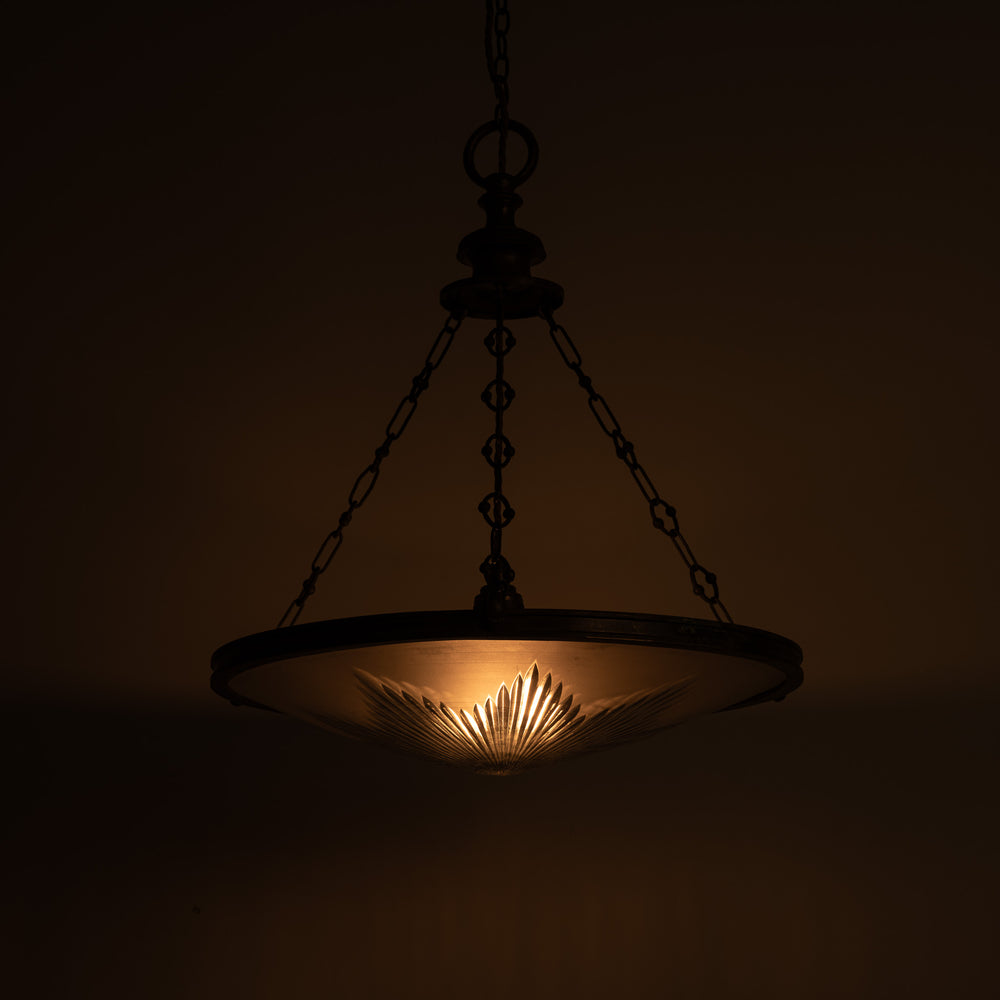 Exceptional Extra Large Faraday & Son Cast Bronze Plafonnier with Star-Cut Frosted Crystal Bowl