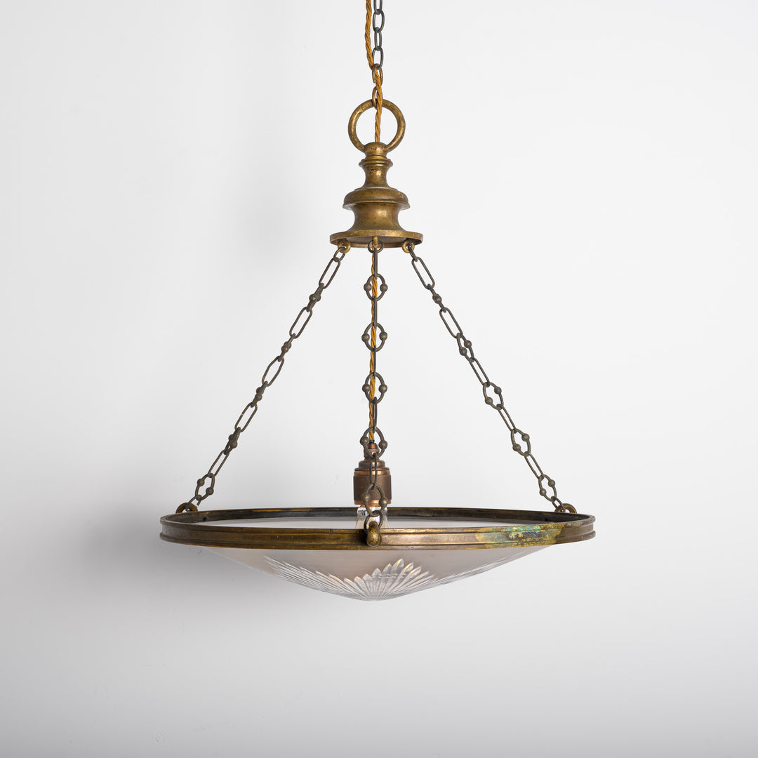 Exceptional Extra Large Faraday & Son Cast Bronze Plafonnier with Star-Cut Frosted Crystal Bowl