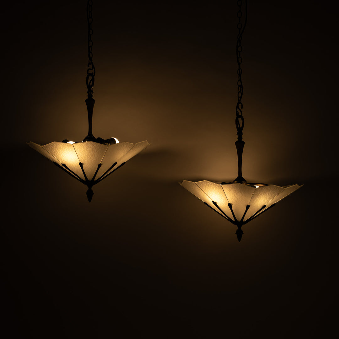 Exceptional Pair of Art Deco Best & Lloyd Pendant Lights with Textured Satin Glass Panels