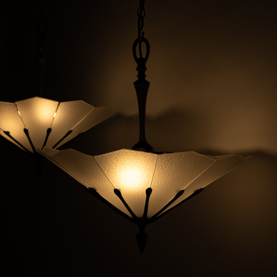 Exceptional Pair of Art Deco Best & Lloyd Pendant Lights with Textured Satin Glass Panels