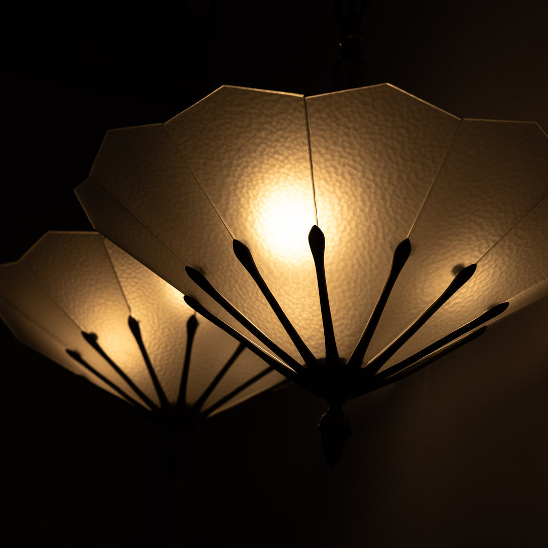 Exceptional Pair of Art Deco Best & Lloyd Pendant Lights with Textured Satin Glass Panels