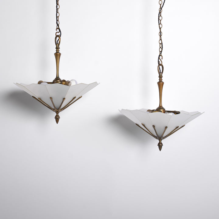 Exceptional Pair of Art Deco Best & Lloyd Pendant Lights with Textured Satin Glass Panels