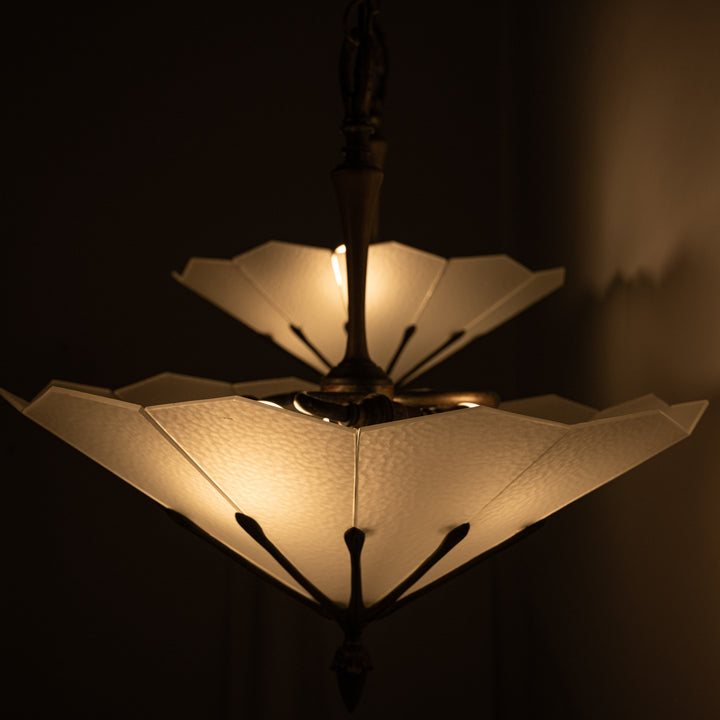 Exceptional Pair of Art Deco Best & Lloyd Pendant Lights with Textured Satin Glass Panels