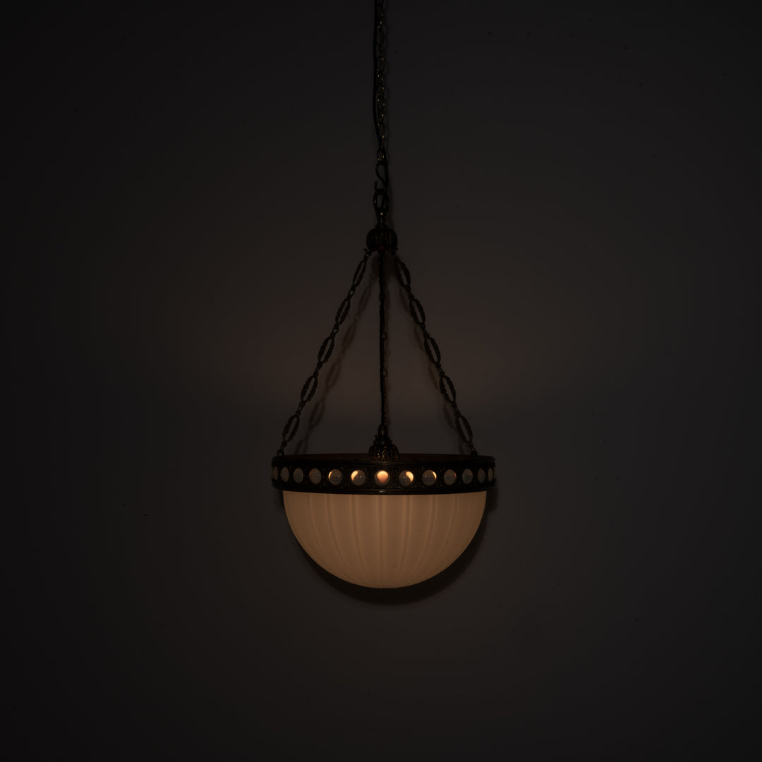 Exceptional & Rare Moonstone Plafonnier with Decorative Gilt Brass Ring with Opalescent Insets