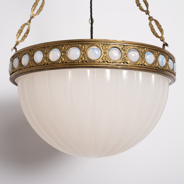 Exceptional & Rare Moonstone Plafonnier with Decorative Gilt Brass Ring with Opalescent Insets