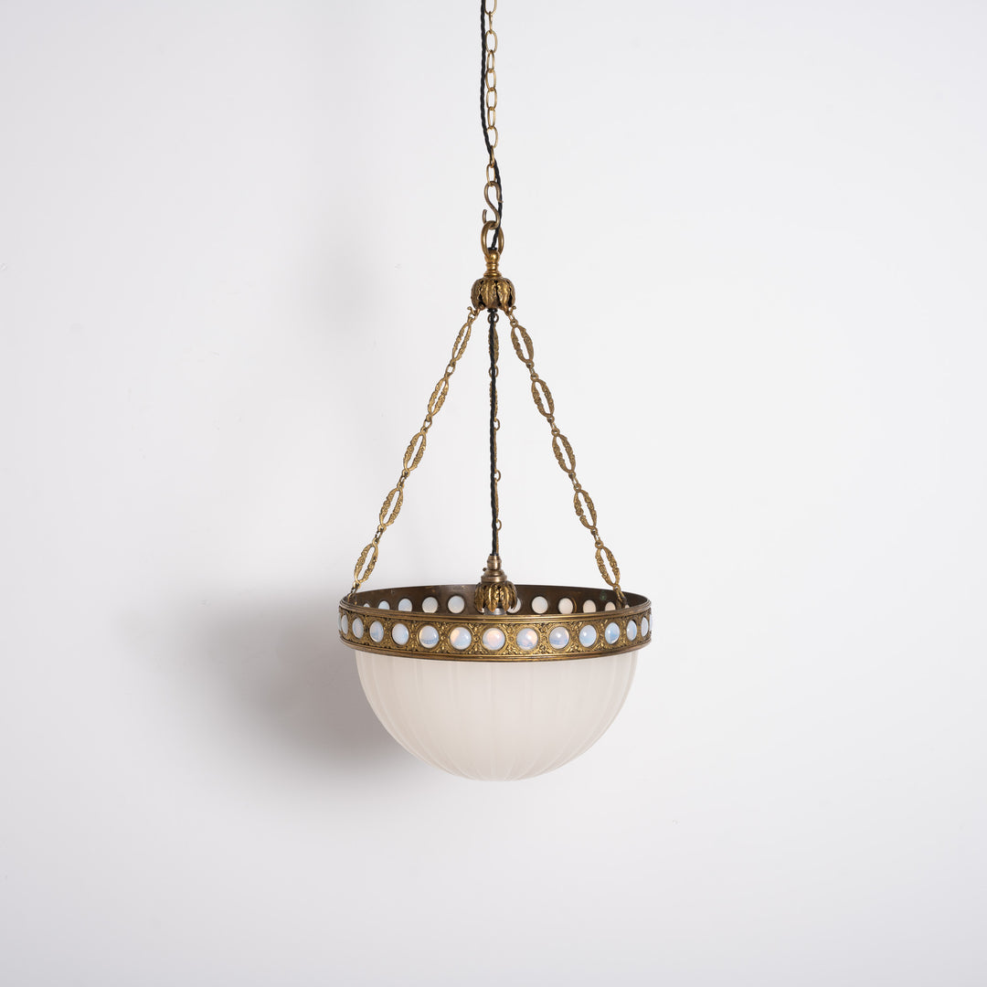 Exceptional & Rare Moonstone Plafonnier with Decorative Gilt Brass Ring with Opalescent Insets