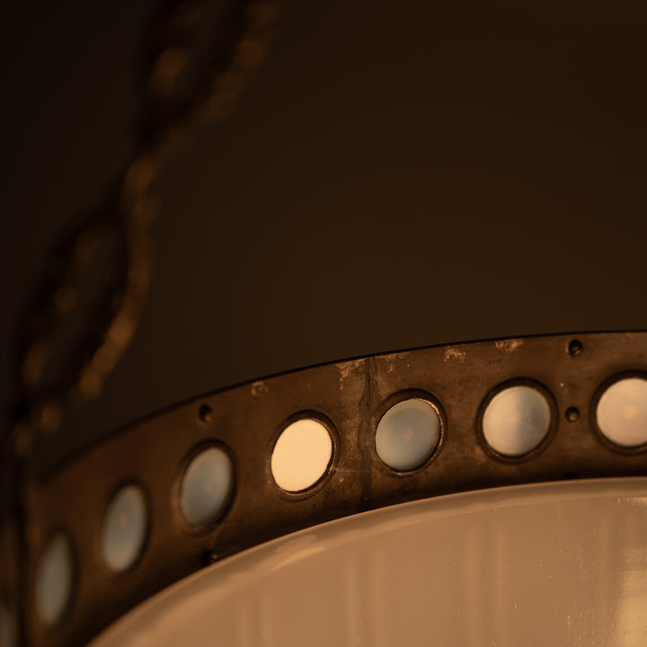 Exceptional & Rare Moonstone Plafonnier with Decorative Gilt Brass Ring with Opalescent Insets