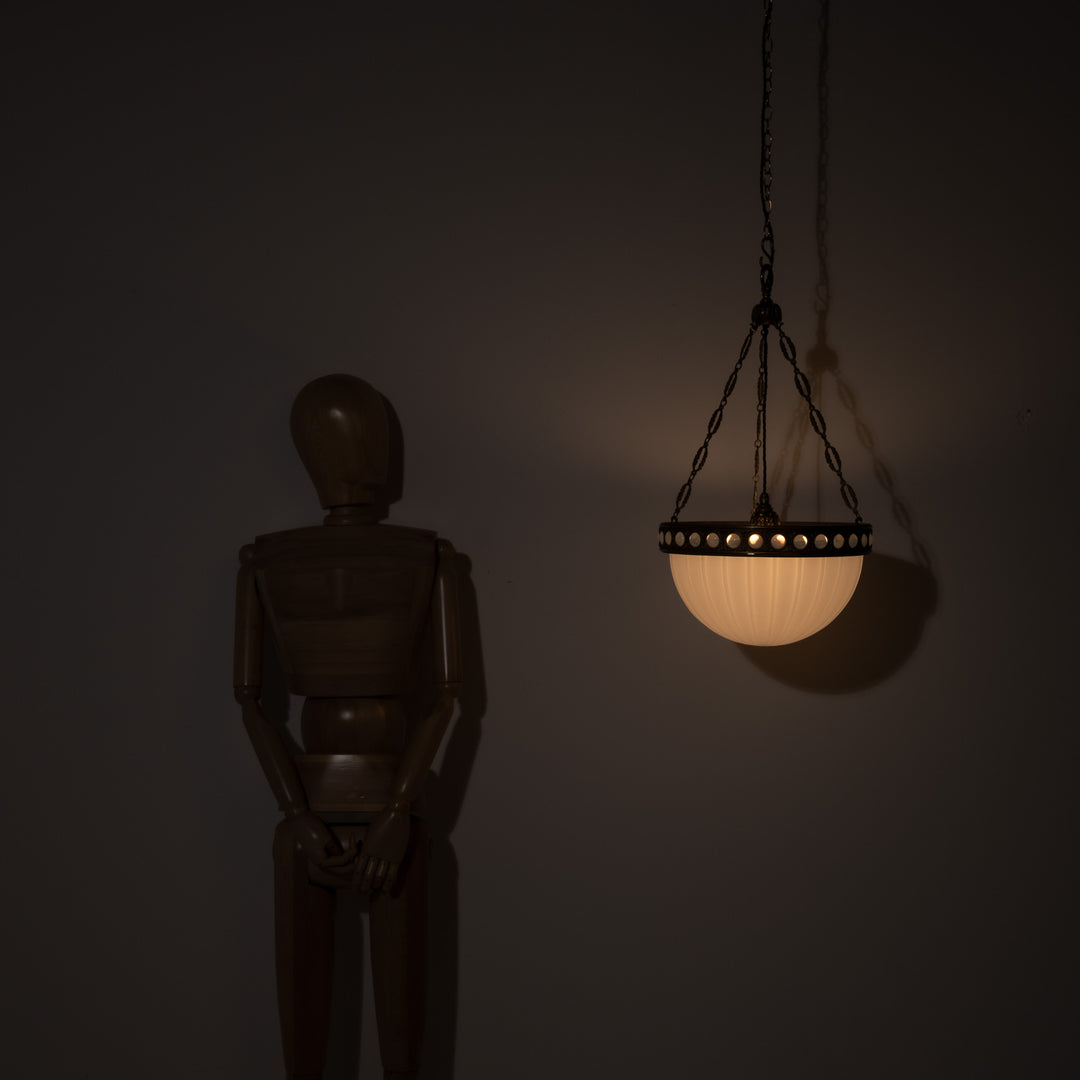 Exceptional & Rare Moonstone Plafonnier with Decorative Gilt Brass Ring with Opalescent Insets