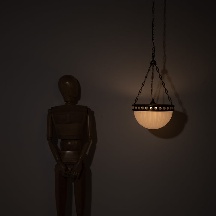 Exceptional & Rare Moonstone Plafonnier with Decorative Gilt Brass Ring with Opalescent Insets