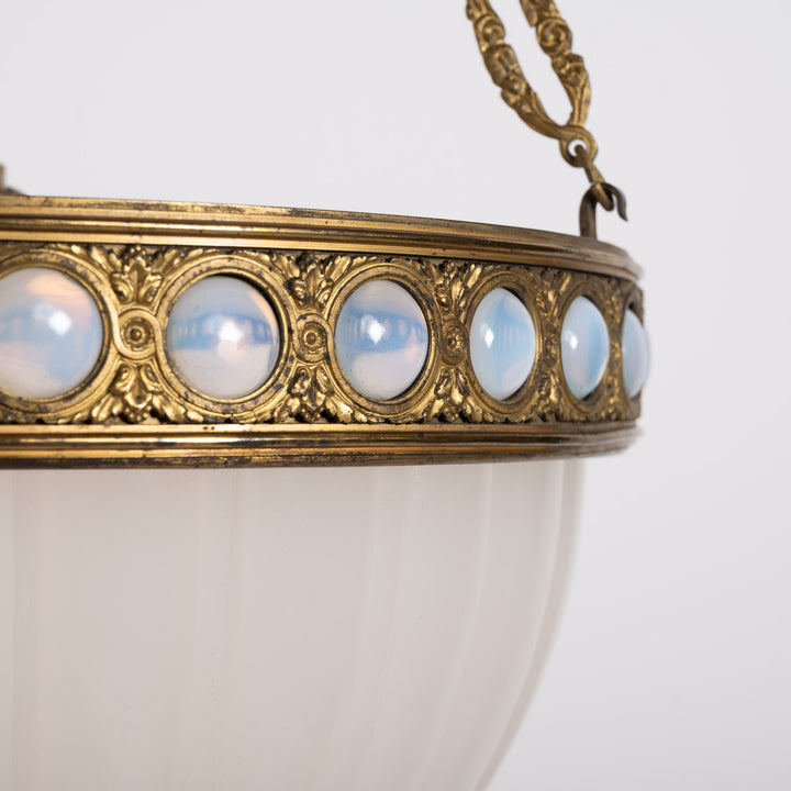 Exceptional & Rare Moonstone Plafonnier with Decorative Gilt Brass Ring with Opalescent Insets