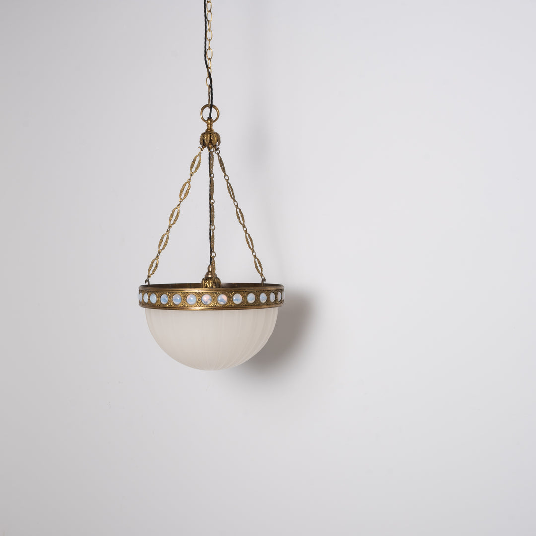 Exceptional & Rare Moonstone Plafonnier with Decorative Gilt Brass Ring with Opalescent Insets