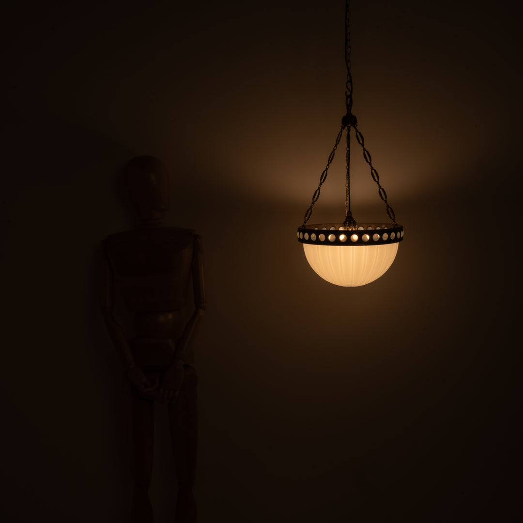 Exceptional & Rare Moonstone Plafonnier with Decorative Gilt Brass Ring with Opalescent Insets