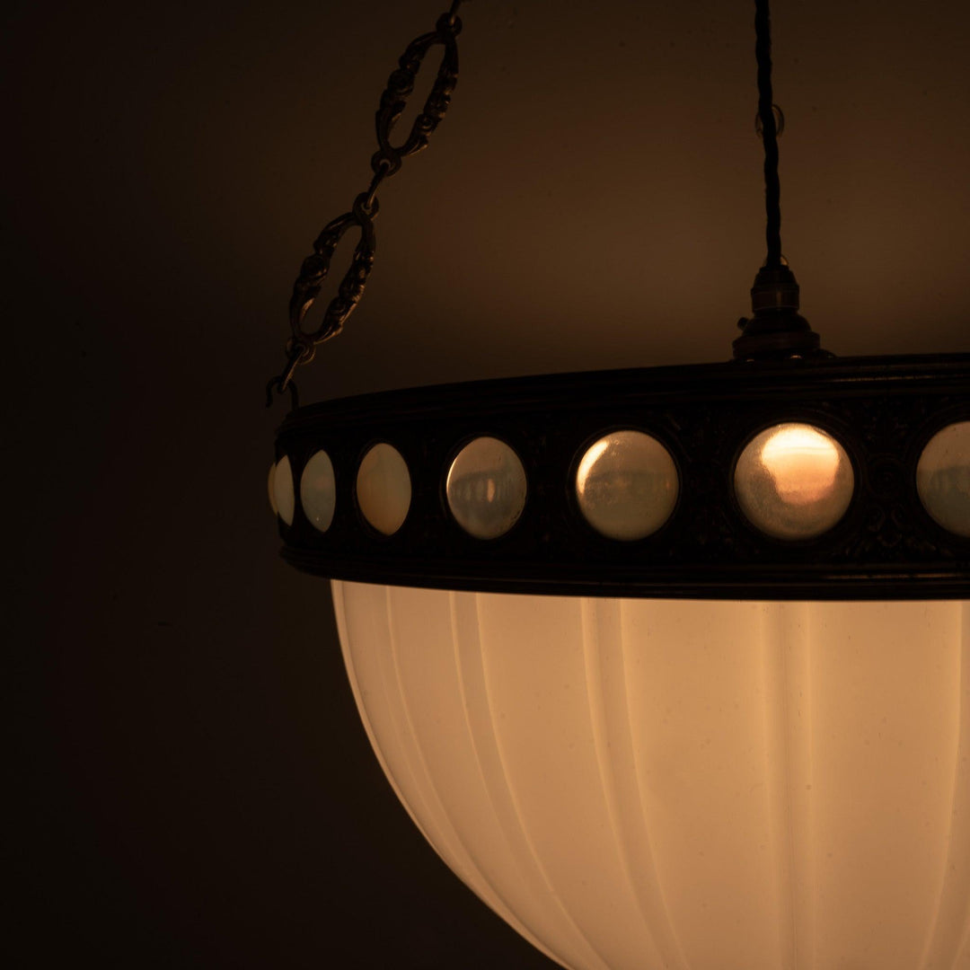 Exceptional & Rare Moonstone Plafonnier with Decorative Gilt Brass Ring with Opalescent Insets