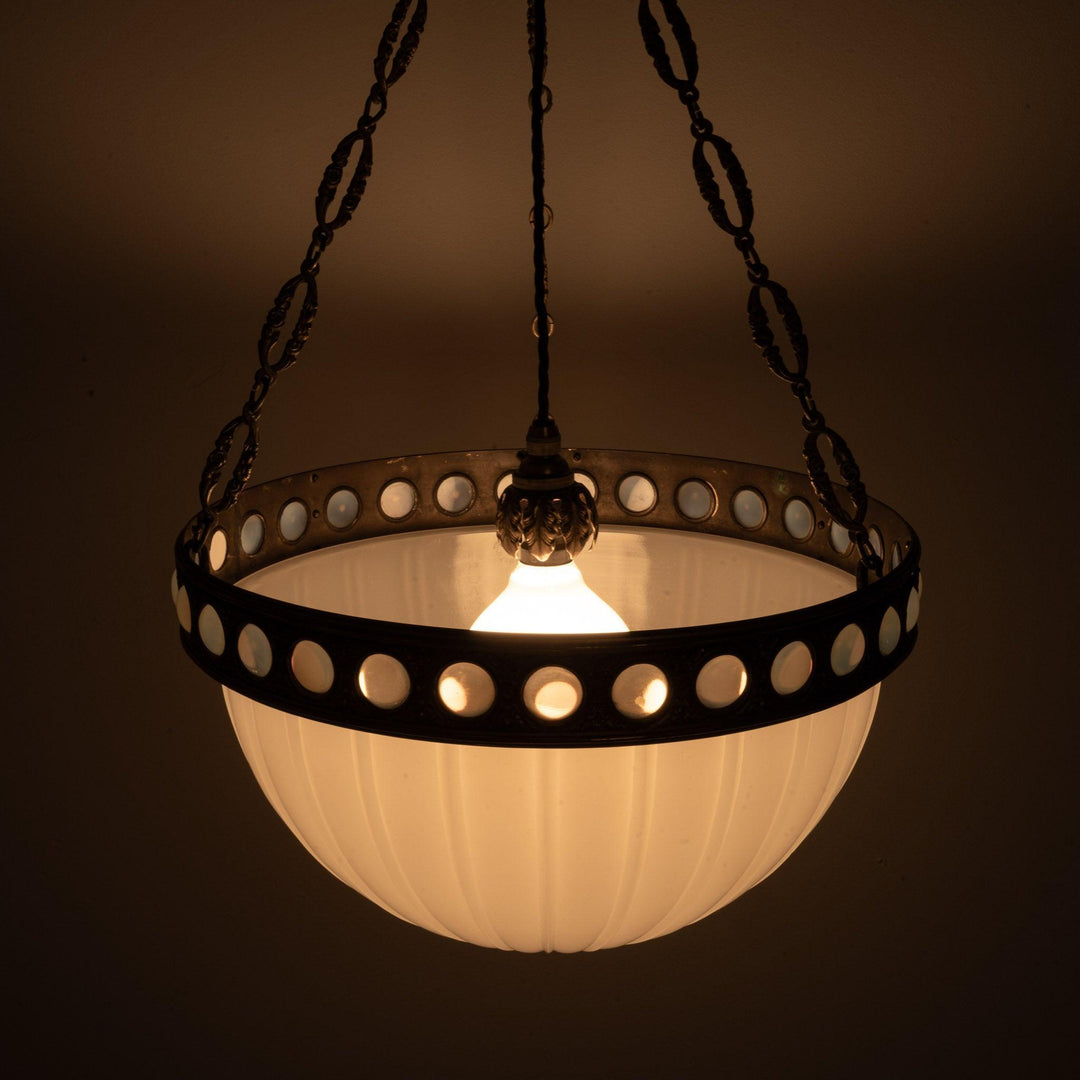 Exceptional & Rare Moonstone Plafonnier with Decorative Gilt Brass Ring with Opalescent Insets