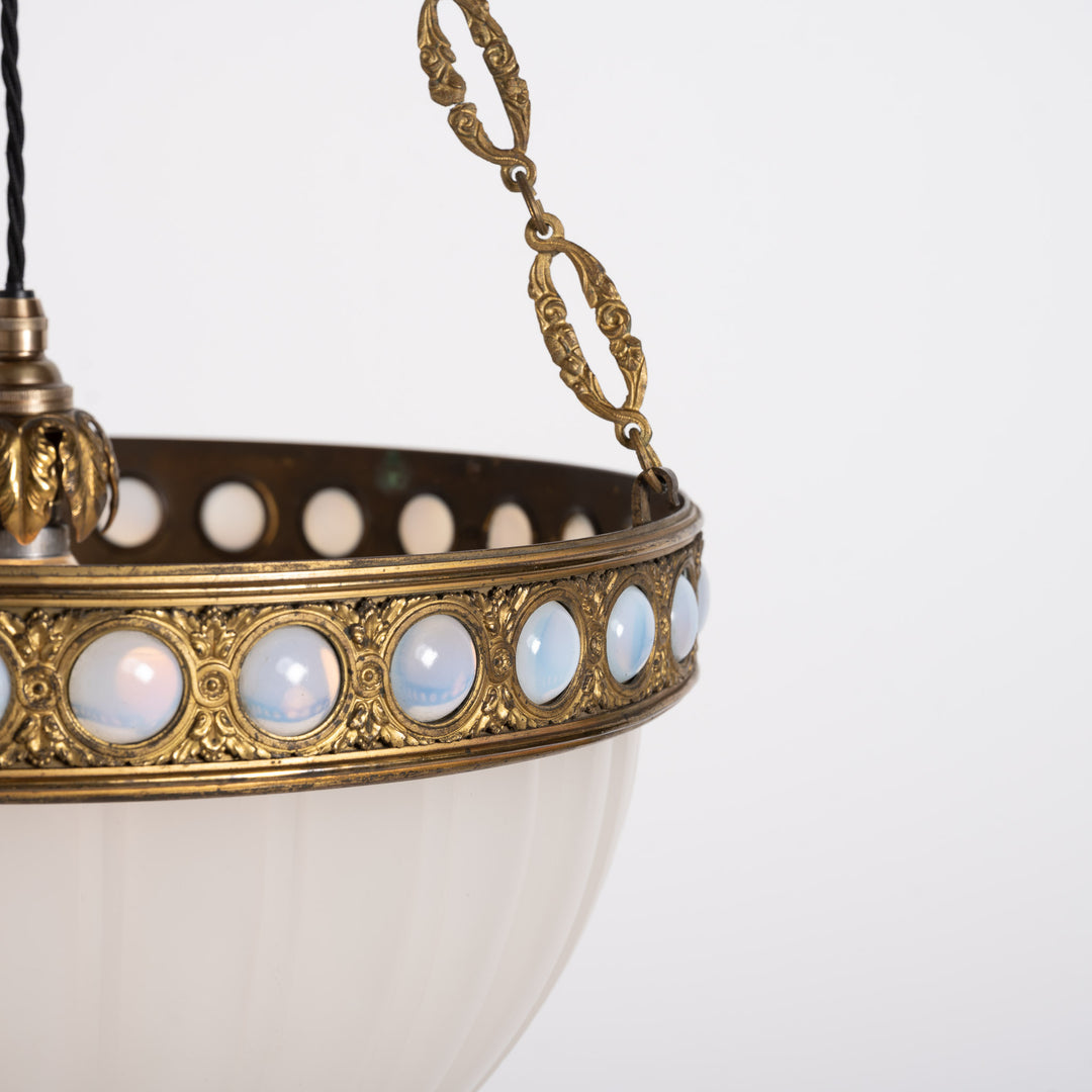 Exceptional & Rare Moonstone Plafonnier with Decorative Gilt Brass Ring with Opalescent Insets