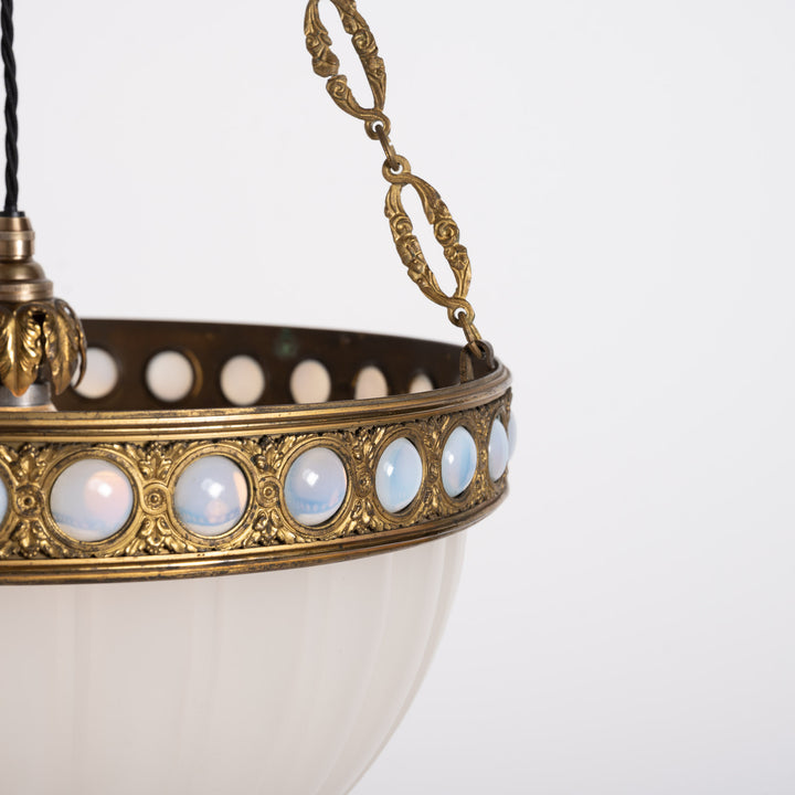 Exceptional & Rare Moonstone Plafonnier with Decorative Gilt Brass Ring with Opalescent Insets