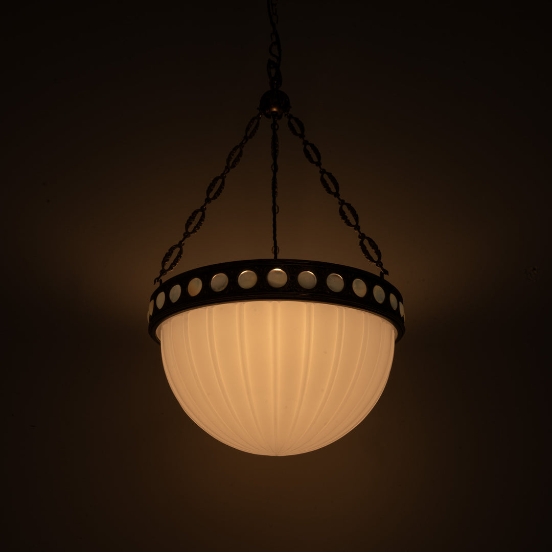 Exceptional & Rare Moonstone Plafonnier with Decorative Gilt Brass Ring with Opalescent Insets