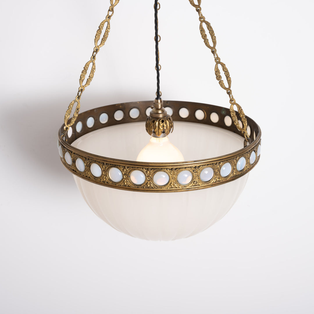 Exceptional & Rare Moonstone Plafonnier with Decorative Gilt Brass Ring with Opalescent Insets