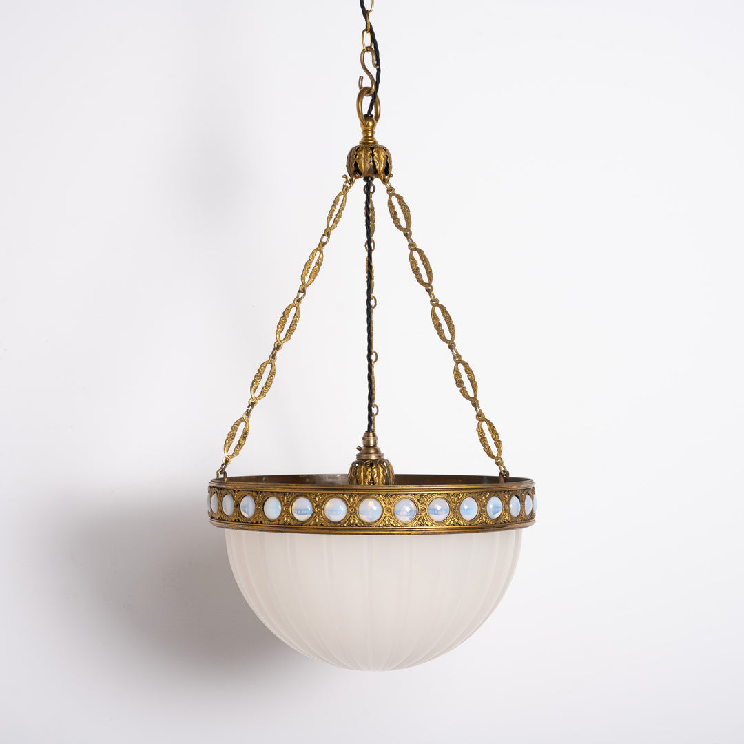 Exceptional & Rare Moonstone Plafonnier with Decorative Gilt Brass Ring with Opalescent Insets