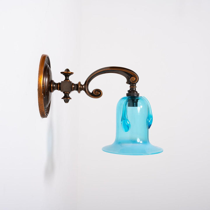 Exquisite Cast Copper Art Nouveau Wall Sconces with Blue Vaseline Glass Bell Shades