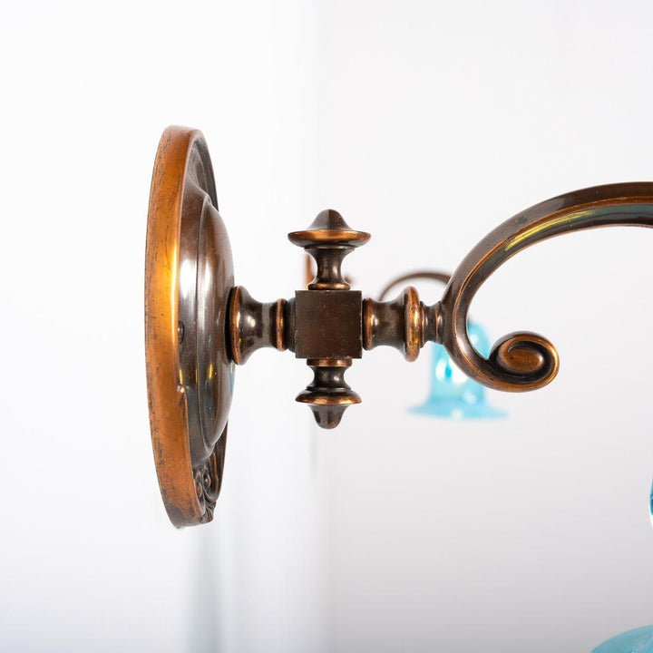 Exquisite Cast Copper Art Nouveau Wall Sconces with Blue Vaseline Glass Bell Shades