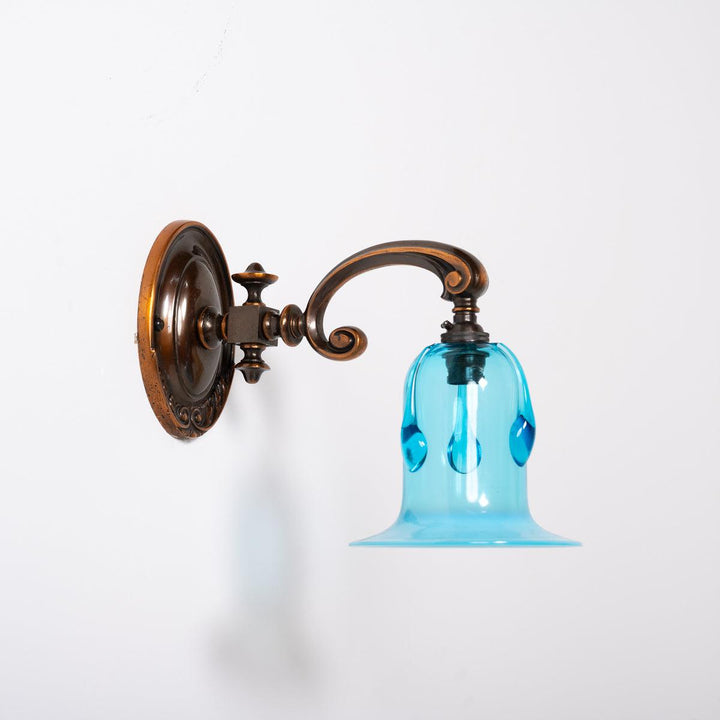 Exquisite Cast Copper Art Nouveau Wall Sconces with Blue Vaseline Glass Bell Shades