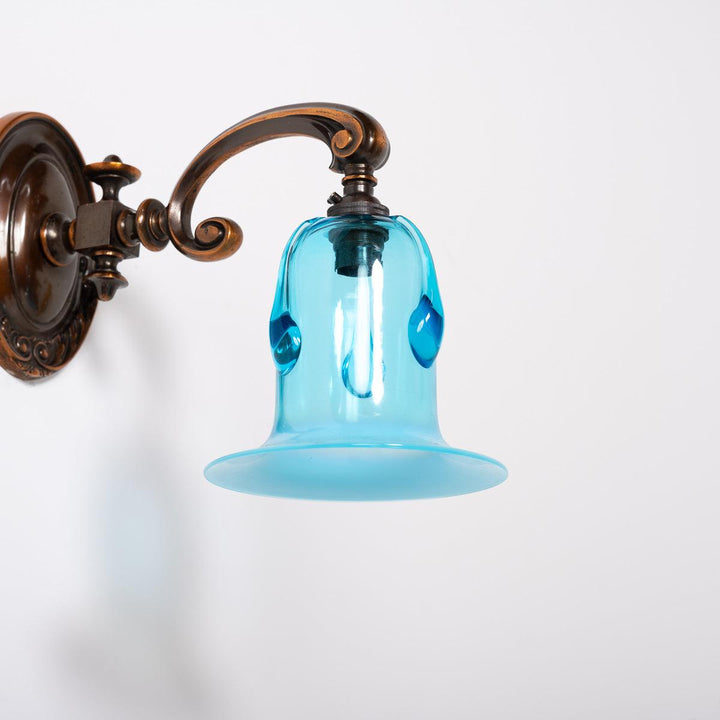 Exquisite Cast Copper Art Nouveau Wall Sconces with Blue Vaseline Glass Bell Shades