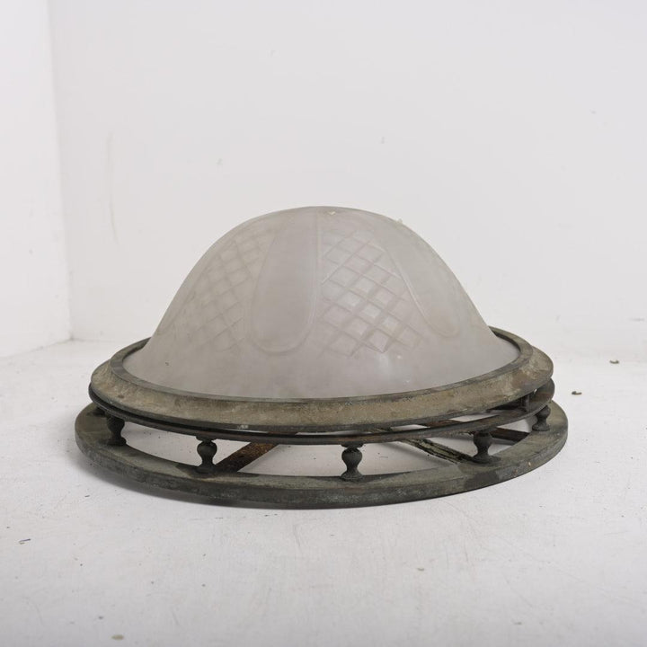 Extra Large Bronze Open-Sided Flush to Ceiling Light with Satin Crystal Dome