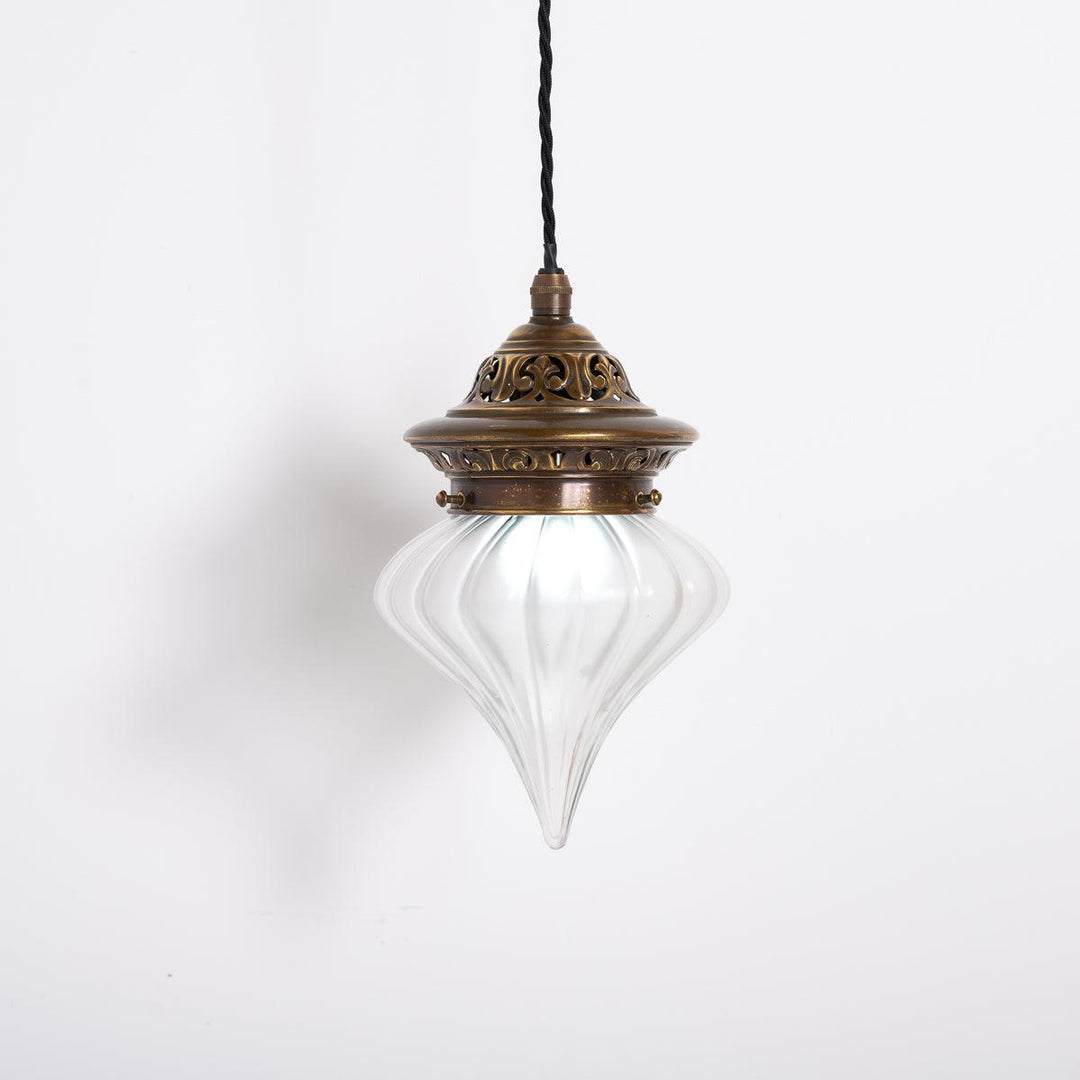 Frosted Glass Teardrop Shade with Decorative Brass Gallery