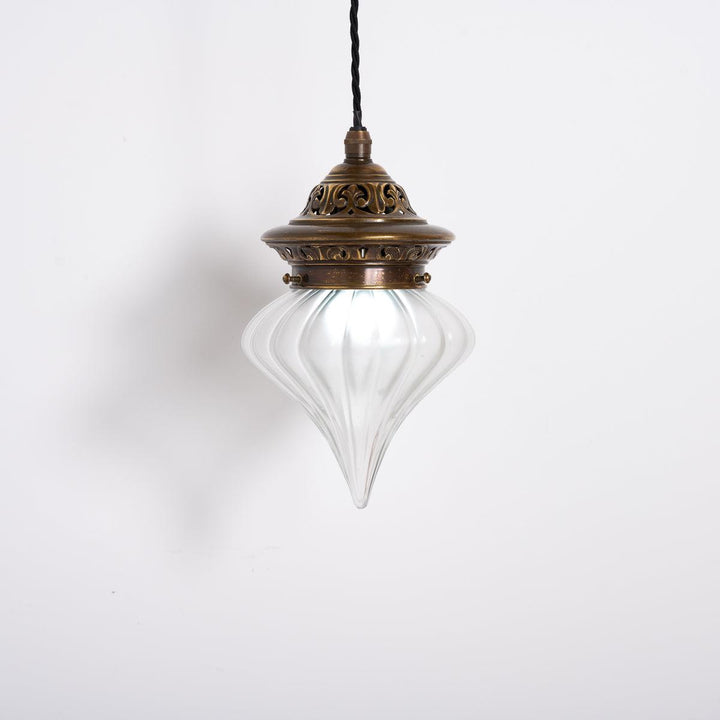 Frosted Glass Teardrop Shade with Decorative Brass Gallery