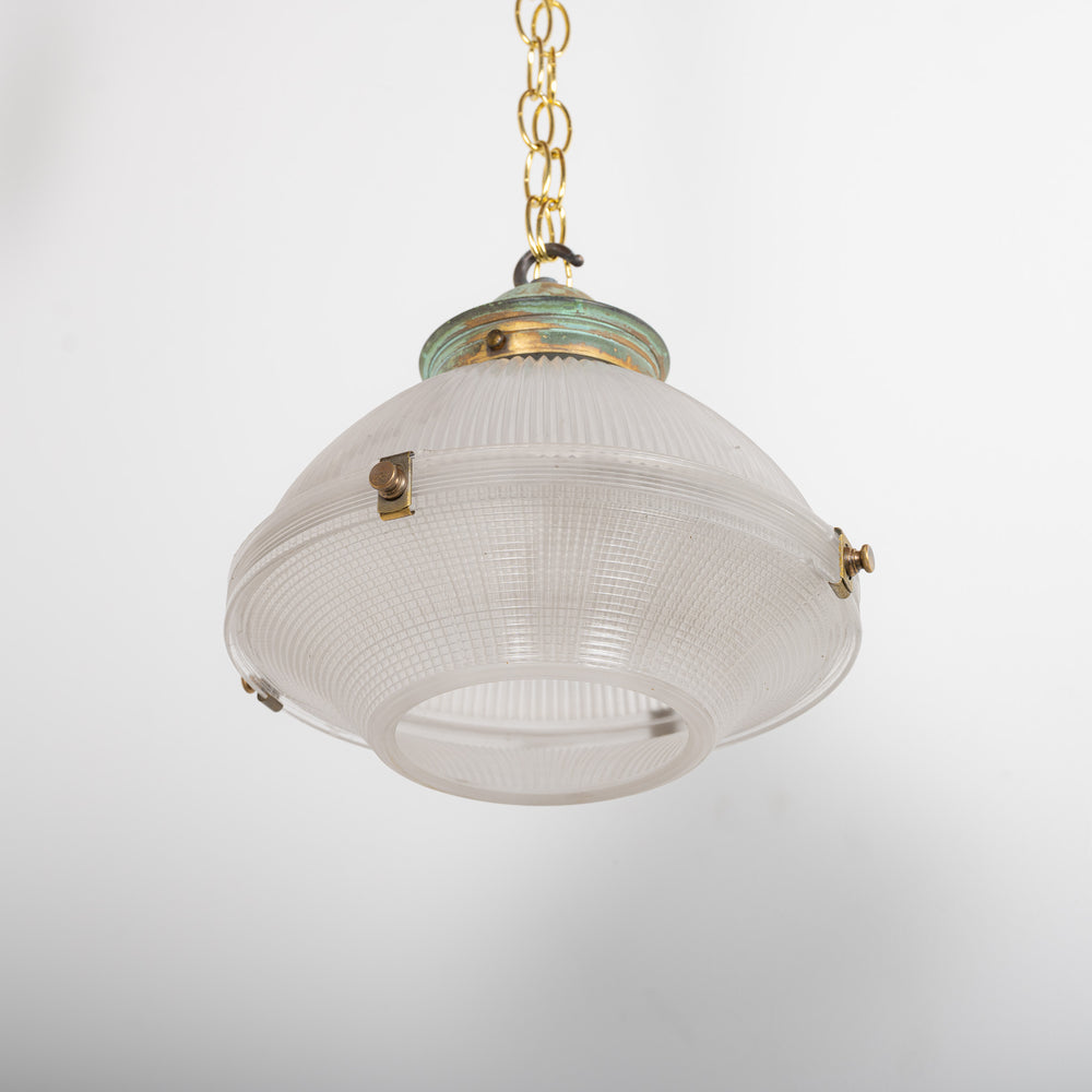 Holophane Two-Part Prismatic Glass Pendant Lights with Cast Brass Galleries