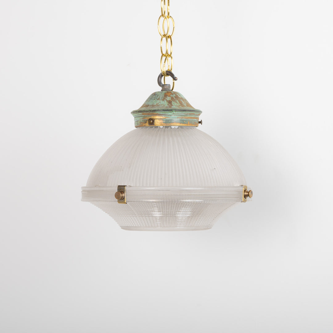 Holophane Two-Part Prismatic Glass Pendant Lights with Cast Brass Galleries