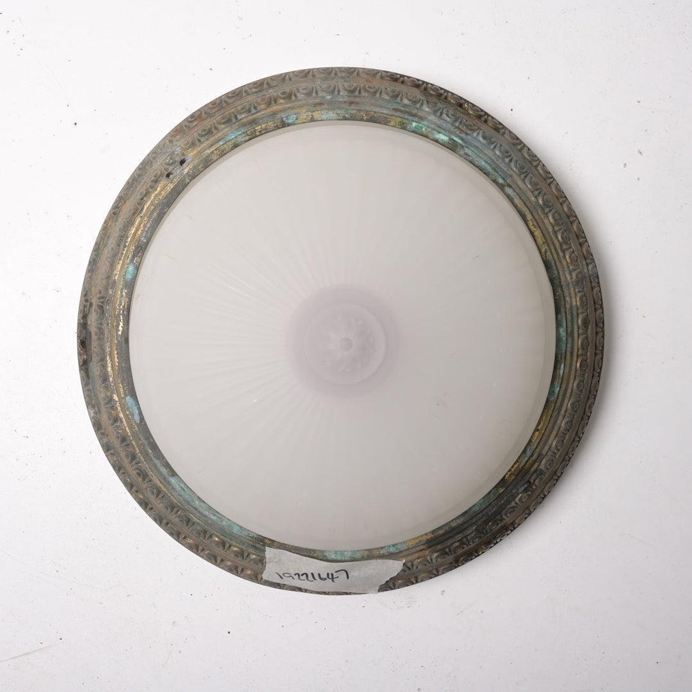 Huge Antique Jefferson Moonstone Flush Mount Fitting with Heavy Bronze Patina