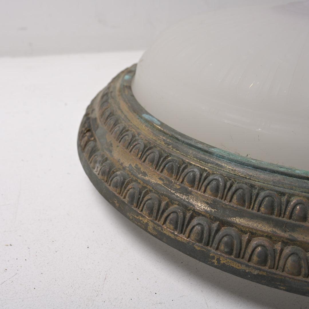 Huge Antique Jefferson Moonstone Flush Mount Fitting with Heavy Bronze Patina