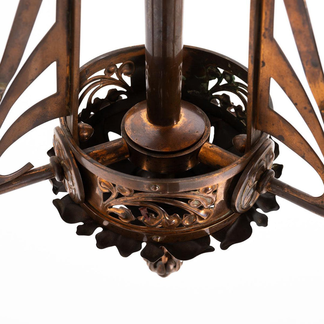 Huge Art Nouveau Decorative Copper Three Branch Ceiling Light with Holophane Shades