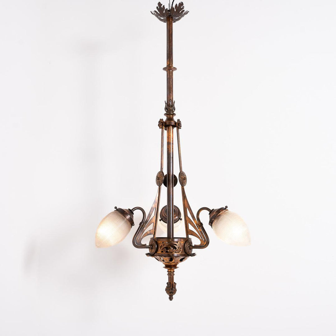 Huge Art Nouveau Decorative Copper Three Branch Ceiling Light with Holophane Shades