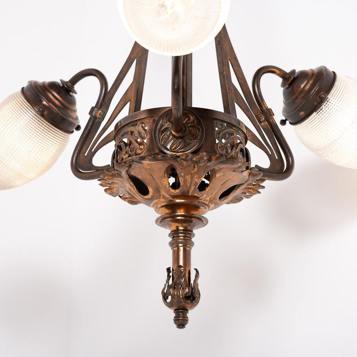 Huge Art Nouveau Decorative Copper Three Branch Ceiling Light with Holophane Shades