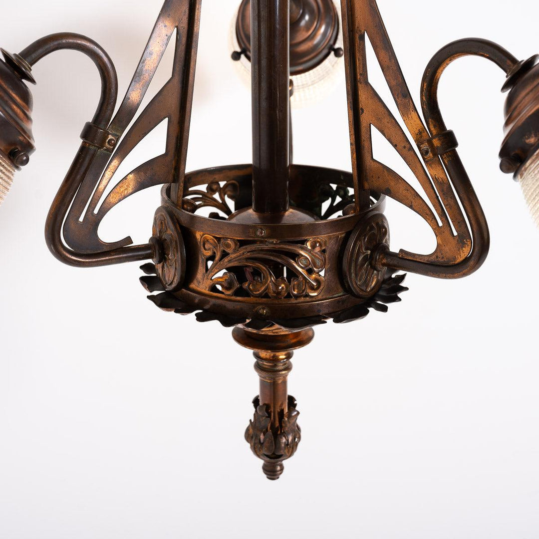 Huge Art Nouveau Decorative Copper Three Branch Ceiling Light with Holophane Shades