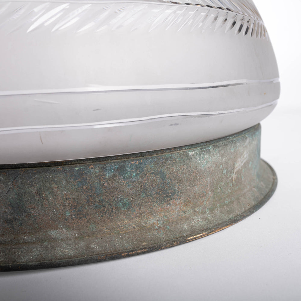 Huge Bulbous Satin & Intricate Cut Crystal Flush Mount in Aged Brass Ring