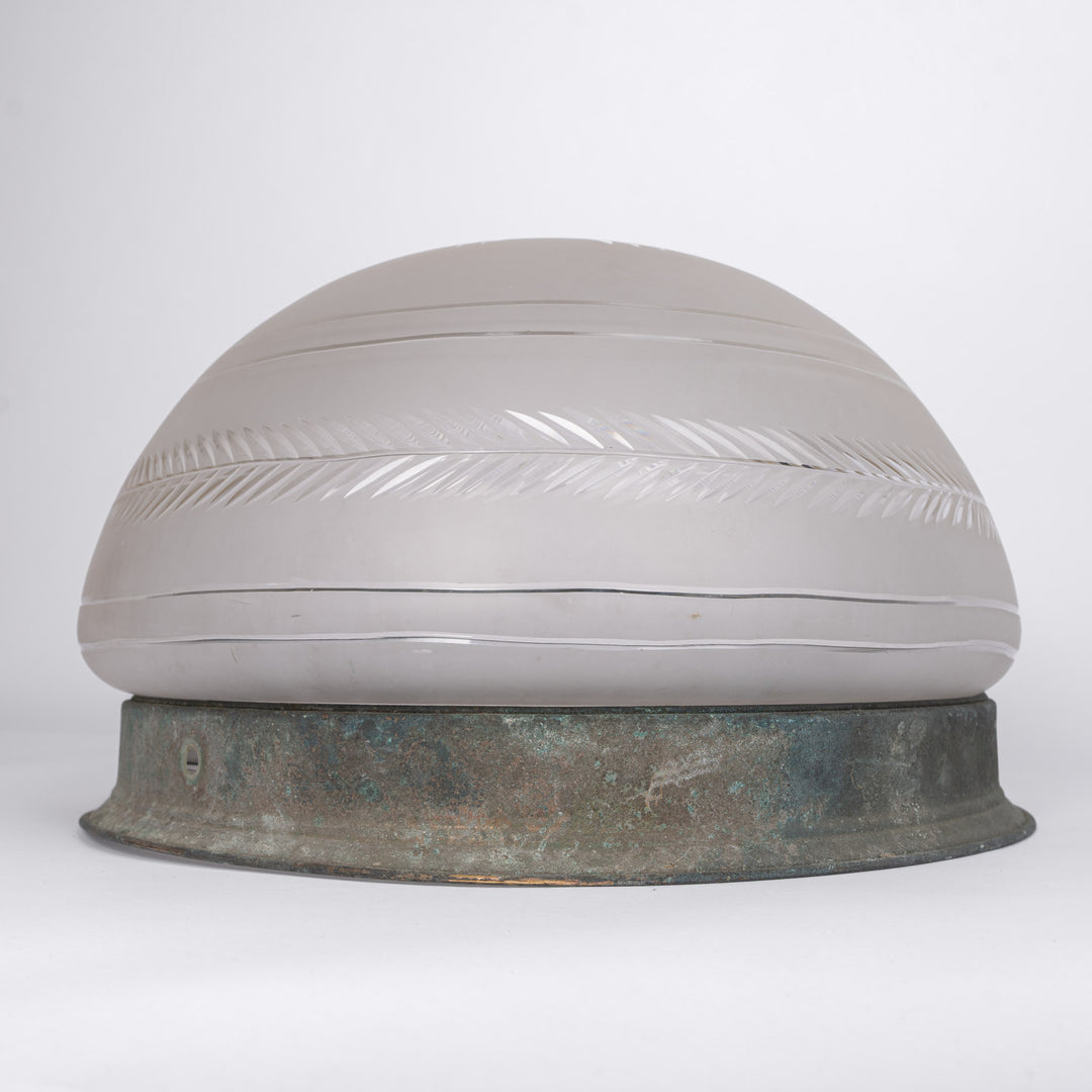 Huge Bulbous Satin & Intricate Cut Crystal Flush Mount in Aged Brass Ring