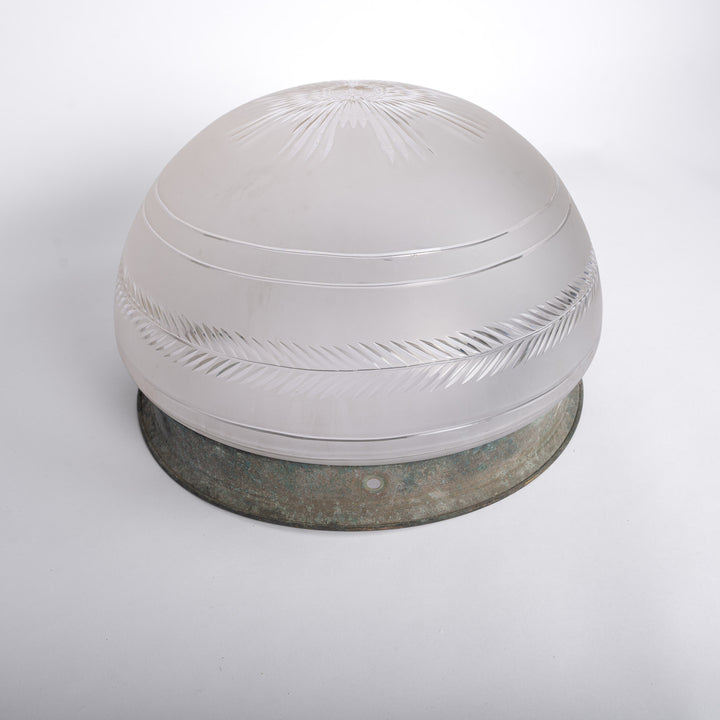 Huge Bulbous Satin & Intricate Cut Crystal Flush Mount in Aged Brass Ring