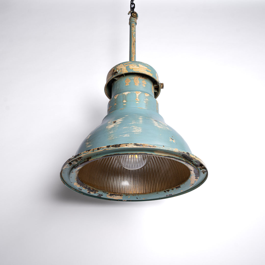 Huge Vintage Industrial Painted Steel Pendant Lights with Holophane Prismatic Glass Inserts