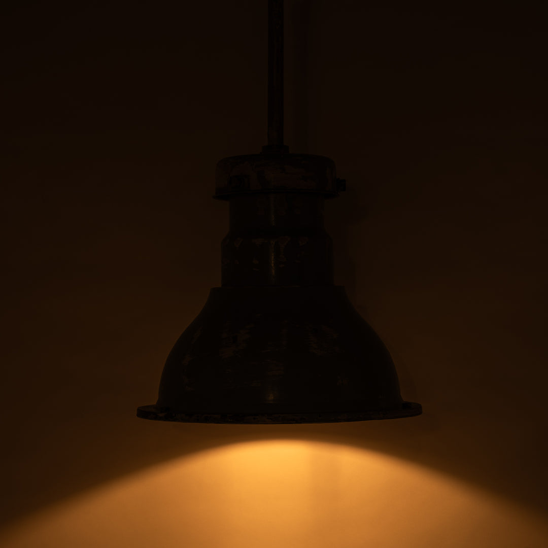 Huge Vintage Industrial Painted Steel Pendant Lights with Holophane Prismatic Glass Inserts