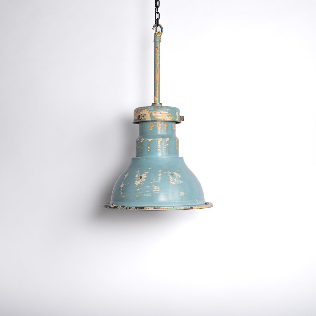 Huge Vintage Industrial Painted Steel Pendant Lights with Holophane Prismatic Glass Inserts