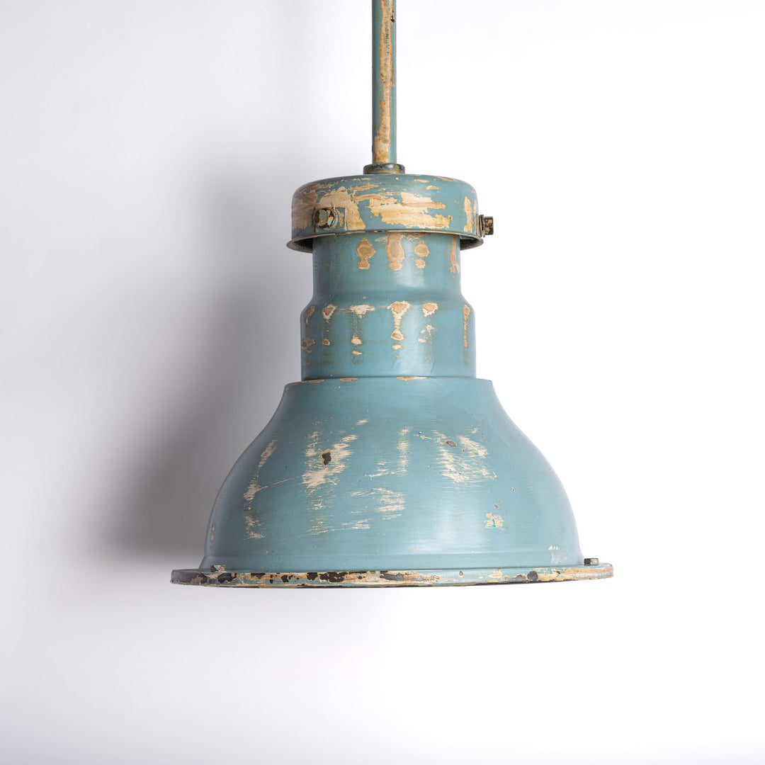 Huge Vintage Industrial Painted Steel Pendant Lights with Holophane Prismatic Glass Inserts