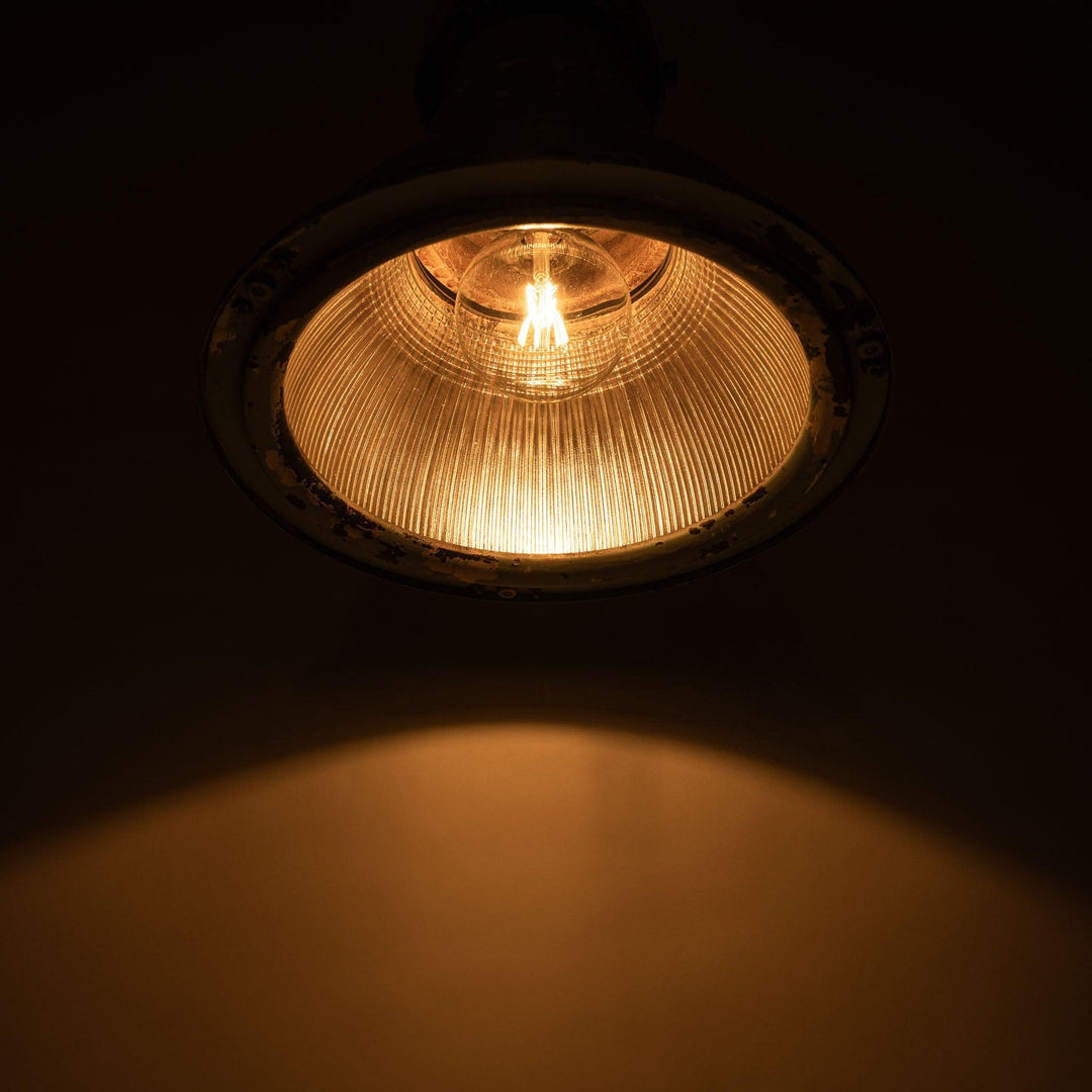 Huge Vintage Industrial Painted Steel Pendant Lights with Holophane Prismatic Glass Inserts